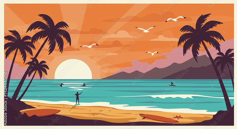 Obraz premium Tropical beach scene with surfers and palm trees at sunset
