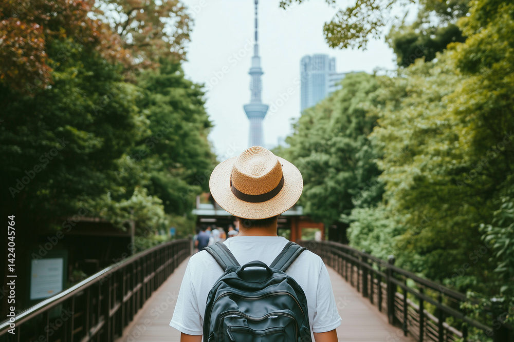 A tourist travels solo in Tokyo, Japan. Visiting landmarks.