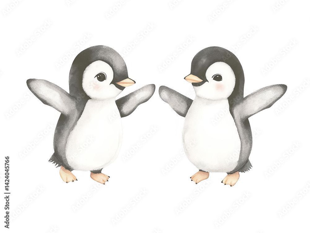 Naklejka premium Illustration Of Two Cute Penguins With Transparent Background In Watercolor Style