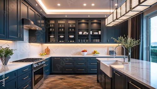 Modern lighting and chic cabinetry make this kitchen shine