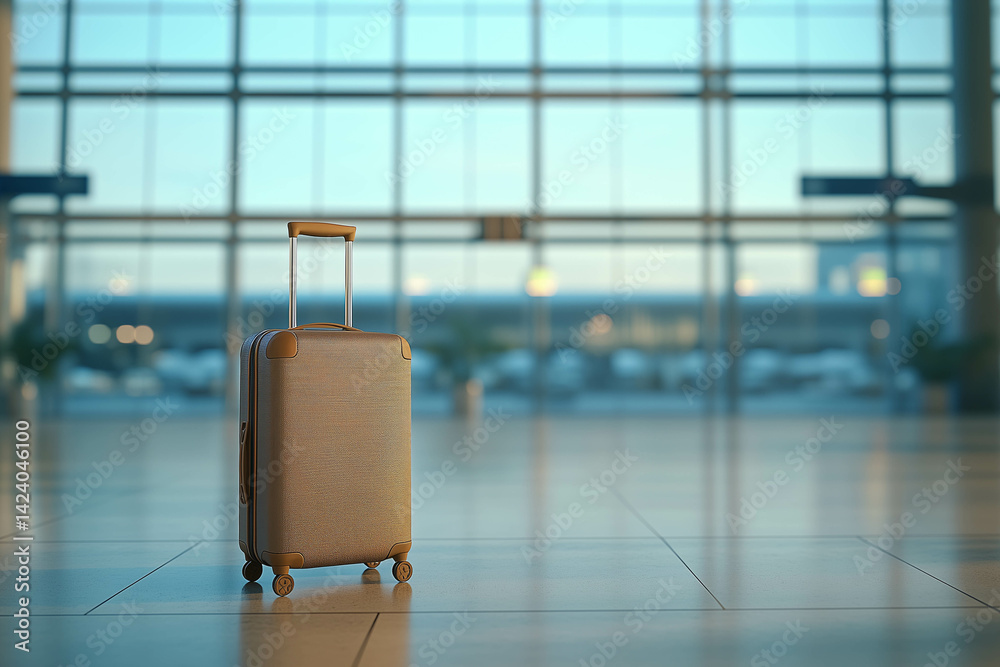 A grey suitcase in the airport, sitting on the floor with a blurred airport background.