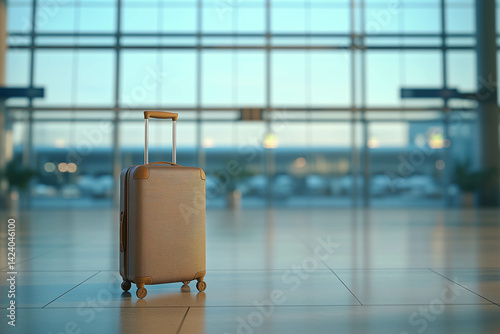 Obraz na płótnie A grey suitcase in the airport, sitting on the floor with a blurred airport background. w salonie