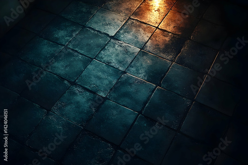 Grungy, aged tile floor illuminated by a single light source.