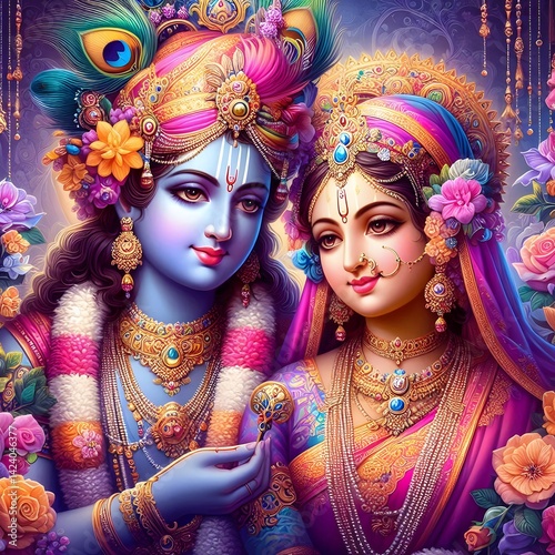 Illustration of lord krishna with fruits in bowl and konna flowers for vishu.
