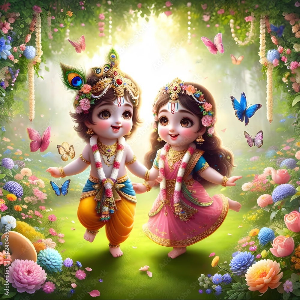 Illustration of lord krishna with fruits in bowl and konna flowers for vishu.