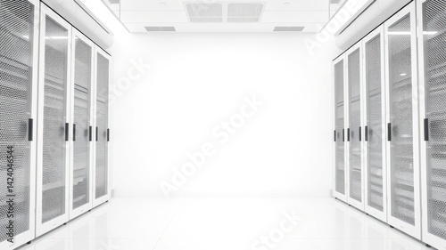 Clean Room Server Room with White Walls and Metal Cabinets