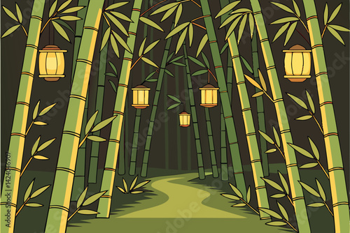 Moonlit Bamboo Forest Pathway Hanging Lantern Illuminated Night Walk Nature Atmosphere
