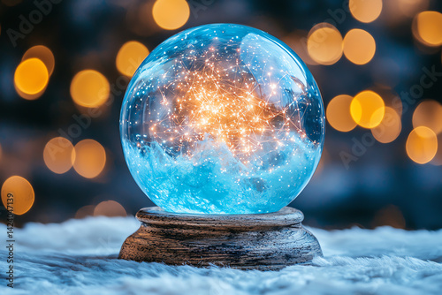 A mesmerizing snow globe filled with sparkling stars, resting on a soft surface, creating a magical atmosphere for the holidays. photo