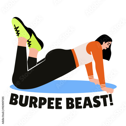 Girl doing fitness burpee exercise, flat sticker 
