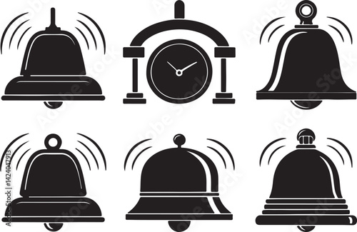 Set of 6 silhouette icons related to alarm and bell. Flat black color icon collection. Editable filled design art. Vector illustration. photo
