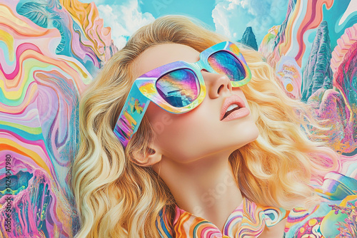 A young woman in sunglasses with a fun, smiling face embodies summer fashion and beauty