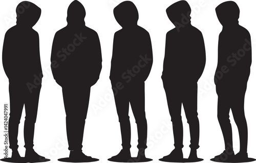 Set of 6 silhouette icons related to all sides of hoodie style and fashion. Flat black color icon collection. Editable filled design art. Vector illustration.