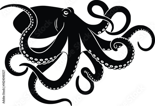 Silhouette of an octopus with curled tentacles and visible suction cups in a fluid artistic composition