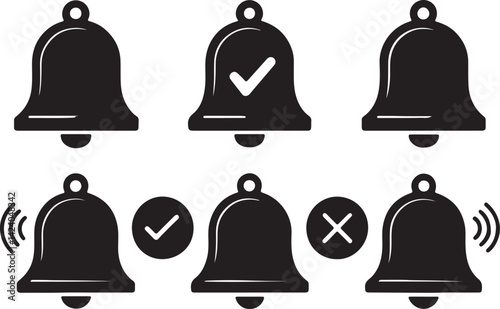 Set of 6 silhouette icons related to bell and notification. Flat black color icon collection. Editable filled design art. Vector illustration.
