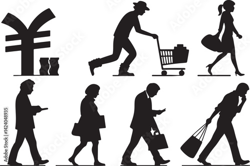 Set of 6 silhouette icons related to buying motives on human. Flat black color icon collection. Editable filled design art. Vector illustration.