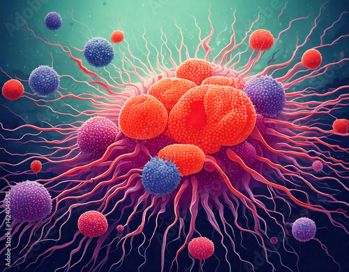 Illustration of abnormal cancer cells dividing among healthy cells