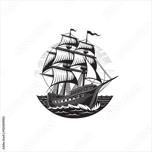 Illustration of a sailing ship with sails on the ocean in black and white style