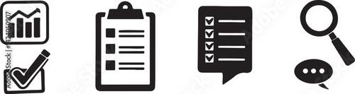 Set of 6 silhouette icons related to document and information. Flat black color icon collection. Editable filled design art. Vector illustration. photo