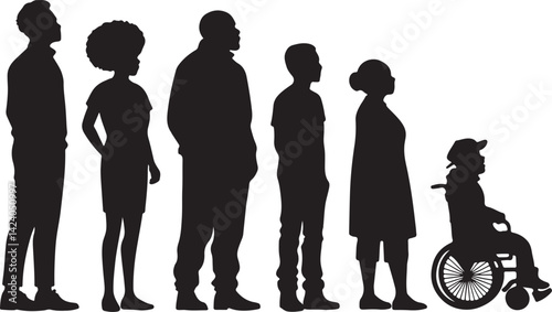 Set of 6 silhouette icons related to diversity. Flat black color icon collection. Editable filled design artVector illustration.