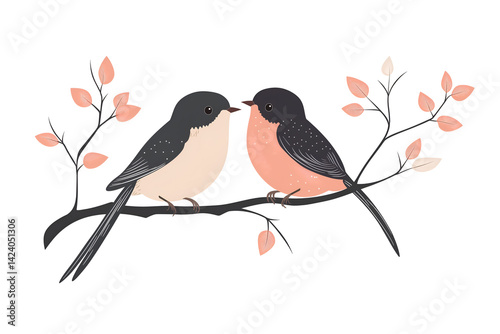 A pair of lovebirds on a branch for a romantic holiday, isolated on white background photo