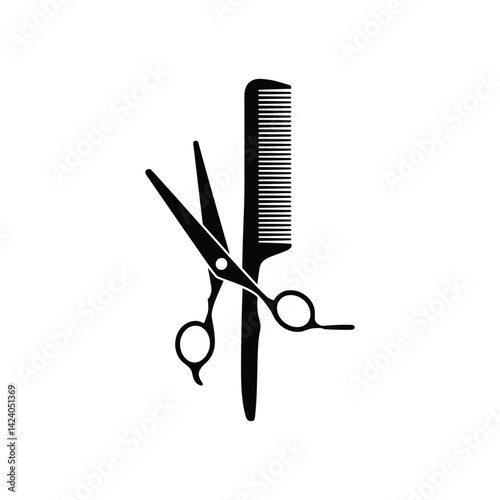 Scissors and Comb Silhouette for Barber, Salon, Haircut Services, Beauty Studio, Stylist Equipment Vector Illustration