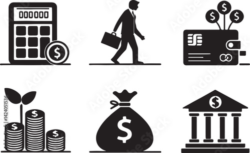 Set of 6 silhouette icons related to finance, money, cash and pay. Flat black color icon collection. Editable filled design art. Vector illustration.
