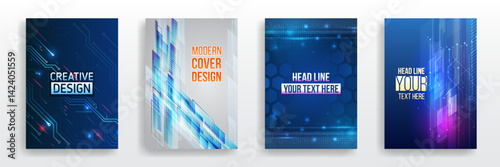 Modern technology design for posters. Futuristic background for flyer, brochure. Scientific cover template for presentation, banner. Page layout set for sci-fi. Set of high-tech covers for marketing.