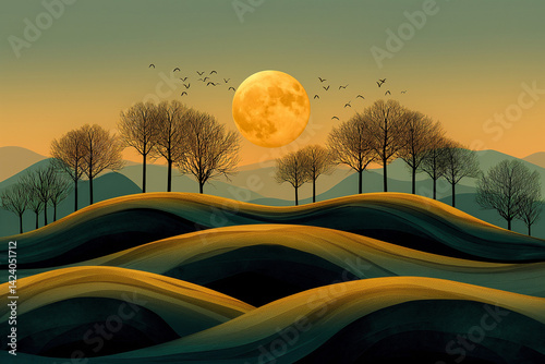 Golden Moon Over a Silhouetted Tree Landscape