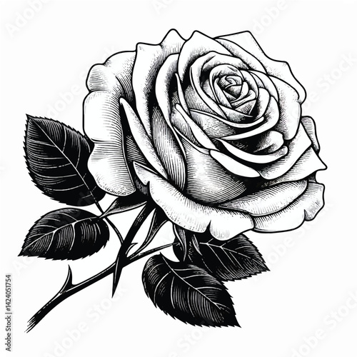 Highly detailed black and white drawing of a single rose in full bloom with textured petals and thorny stem. A classic floral artwork ideal for tattoos, prints, and elegant botanical themes