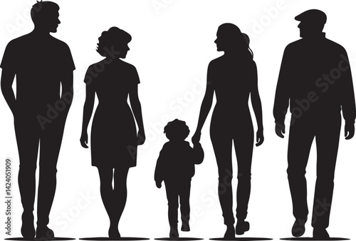 Set of 6 silhouette icons related to full family with mom and dad. Flat black color icon collection. Editable filled design art. Vector illustration.