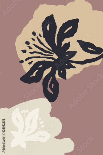 Poster or card with ink brush abstract sketch flower and organic shapes background. Minimalist floral composition for cover, wall art or brochure design. Vector illustration