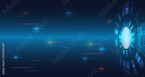 Digital communication, data protection, futuristic presentation, scientific cover. Abstract blue high-tech background consisting of circles and other technological elements.