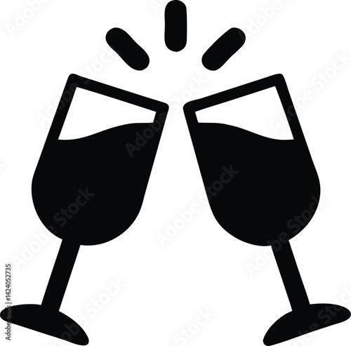 Two Clinking Wine Glasses with Wine Icon in Black Silhouette on Transparent