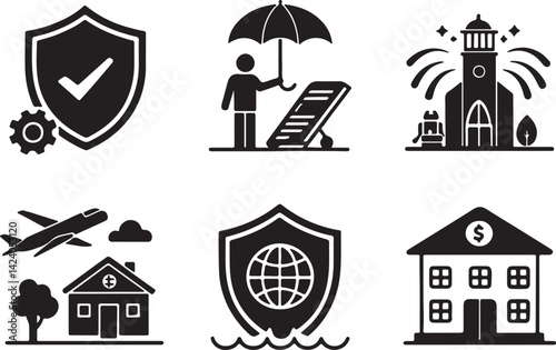 Set of 6 silhouette icons related to insurance, money diposit and loan. Flat black color icon collection. Editable filled design art. Vector illustration.