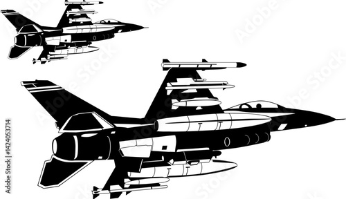 Two military f16 fighter jets, flying high in the air vector silhouette