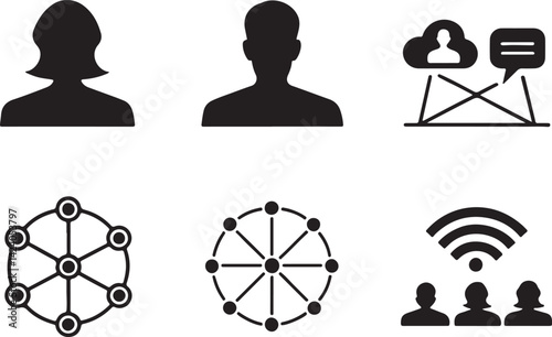 Set of 6 silhouette icons related to link and join network. Flat black color icon collection. Editable filled design art. Vector illustration.