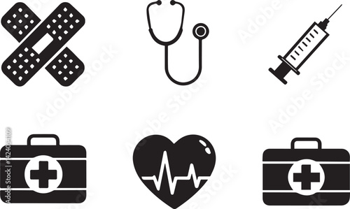 Set of 6 silhouette icons related to medicine and first aid box elemnts. Flat black color icon collection. Editable filled design art. Vector illustration.