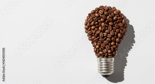 Innovative concept featuring a light bulb shape made completely of coffee beans, symbolizing energy, creativity, and inspiration. Perfect for illustrating ideas related to coffee, innovation