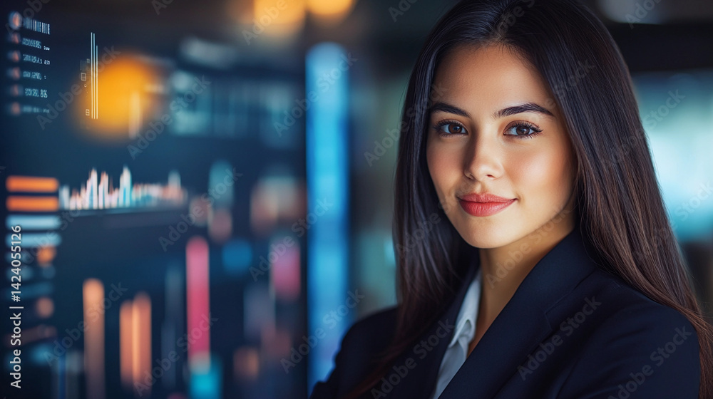 Confident young woman in professional setting with data backdrop Generative AI