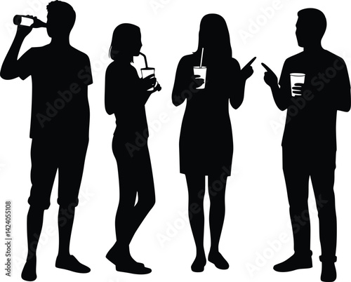 Black and white silhouette of four people holding drinks in different poses, including sipping from bottles and cups with straws