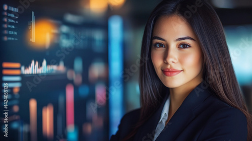 Obraz na płótnie Confident young woman in professional setting with data backdrop Generative AI w salonie