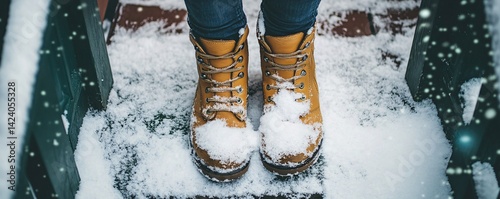Woman standing on a snowy porch wearing yellow boots