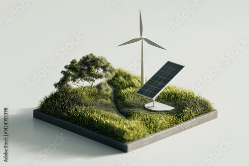A futuristic eco-city model featuring abundant greenery, solar panel roofs, large wind turbines, symbolizing a sustainable urban environment powered by renewable energy.