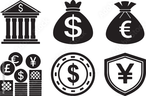 Set of 6 silhouette icons related to play money, currency, finance and bank. Flat black color icon collection. Editable filled design art. Vector illustration.
