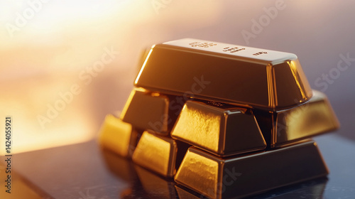 Obraz na płótnie Close-up view of stacked gold bars shining in sunlight Generative AI w salonie