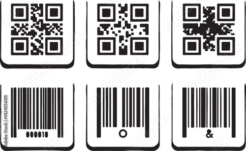 Set of 6 silhouette icons related to QR code and Bar code. Flat black color icon collection. Editable filled design art. Vector illustration.