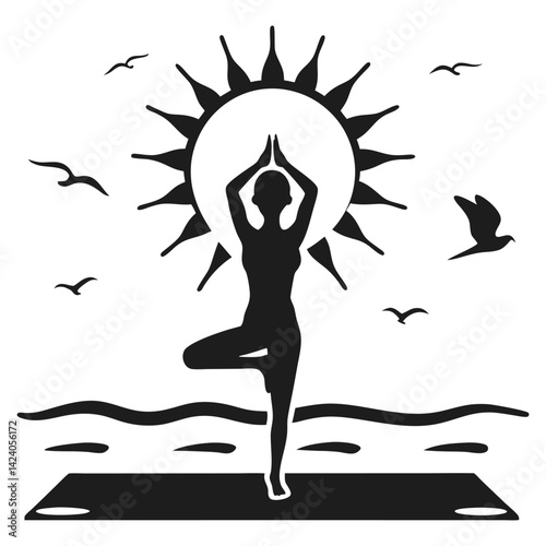 Woman Doing Yoga at Sunrise on Beach – Wellness and Meditation Vector