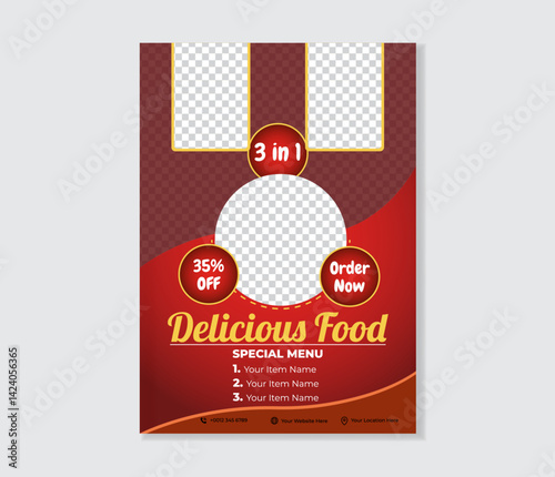 Bold Red Restaurant Flyer Template for Delicious Chicken Meal Promotion – 3 in 1 Combo, Special Menu, and Discount Offer