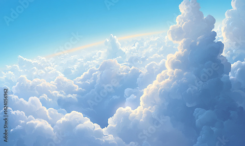 High above the earth, white cumulus clouds drift across the blue sky, a serene aerial view of nature's heavenly cloudscape