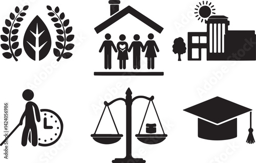 Set of 6 silhouette icons related to social policy related. Flat black color icon collection of humanity, support or help, education, law and some. Editable filled design art. Vector illustration.